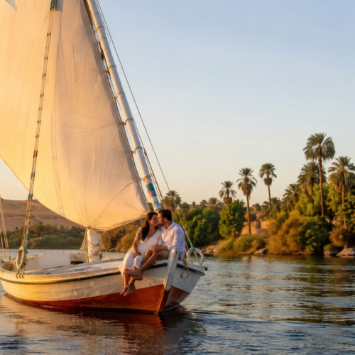 Romantic Aswan felucca ride during an Egypt honeymoon