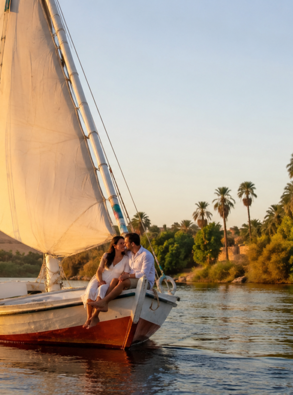 Romantic Aswan felucca ride during an Egypt honeymoon